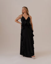 VESTIDO LONGO COM BABADOS PRETO/AZUL